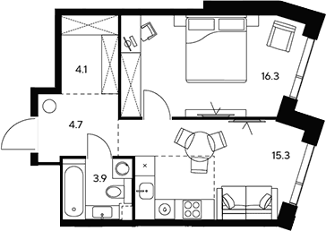 Планировка: Евродвушка 44,3 м² в ЖК «НЕКСУС от Аквилон»