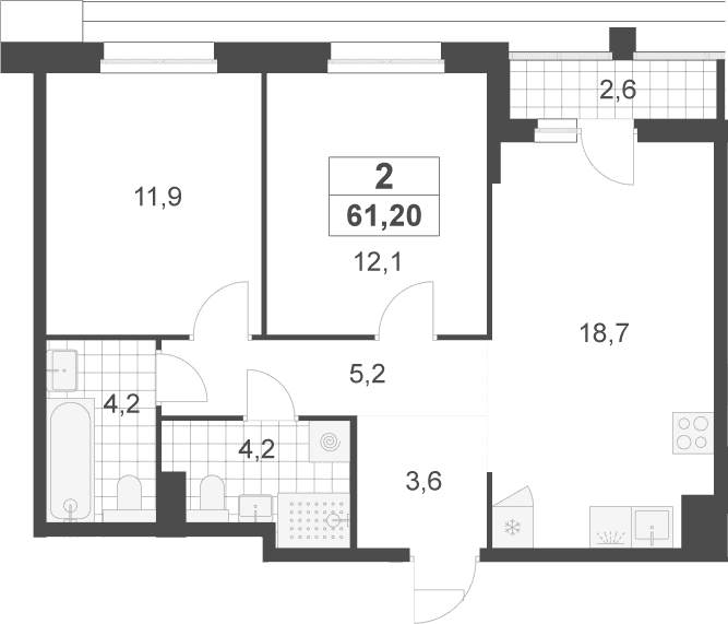 Планировка: Евротрёшка 59,9 м² в ЖК «Деснаречье»