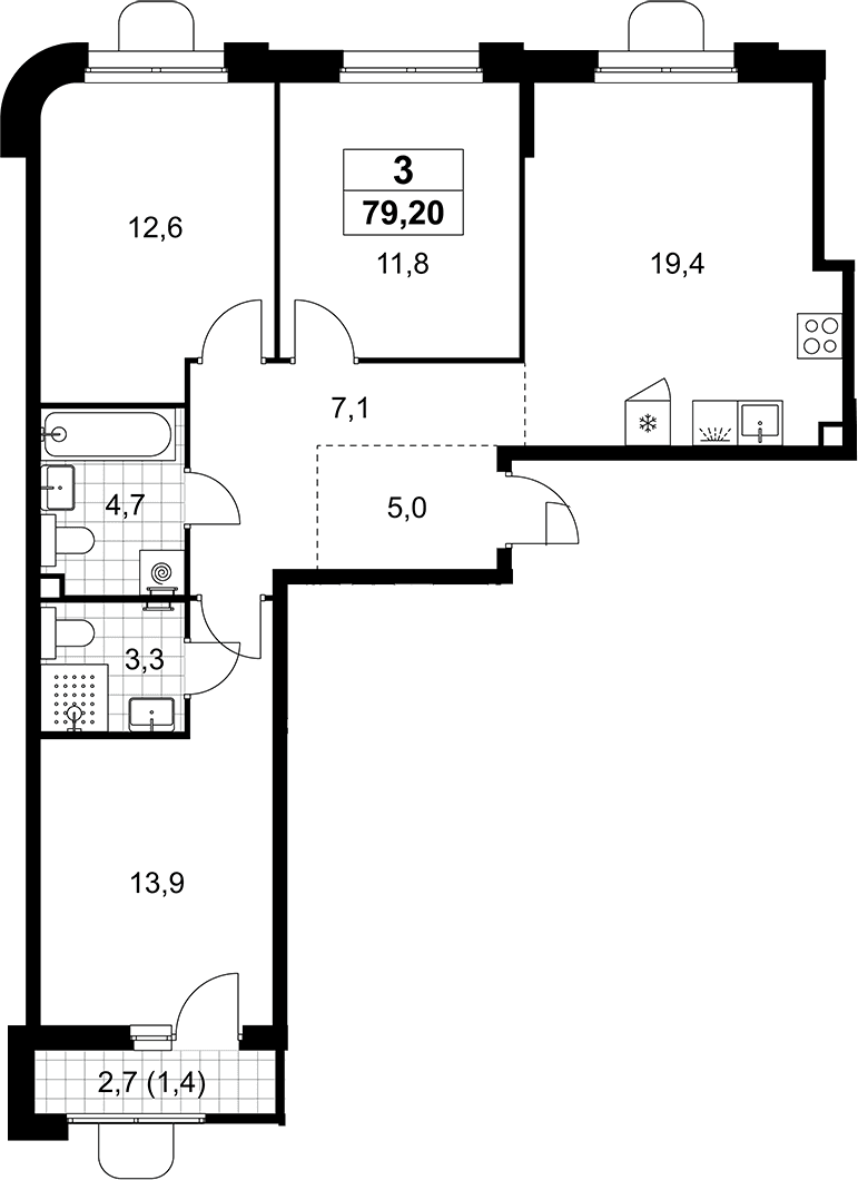 Планировка: Квартира евро-4 77,8 м² в ЖК «Прокшино»