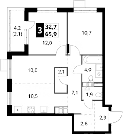 Планировка: Евротрёшка 63,8 м² в ЖК «1-й Саларьевский»