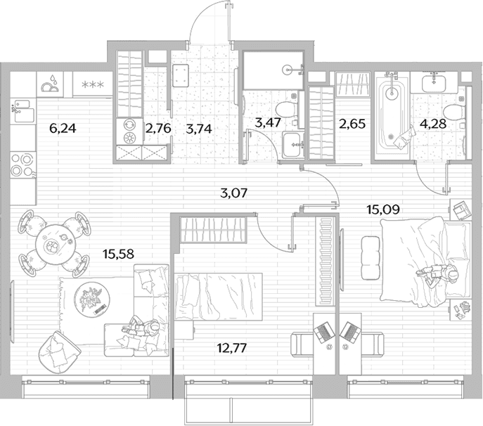Планировка: Евротрёшка 69,7 м² в ЖК «МЫС»