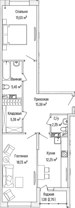 Планировка: 2-комнатная квартира 73,1 м² в ЖК «Рига Хиллс»