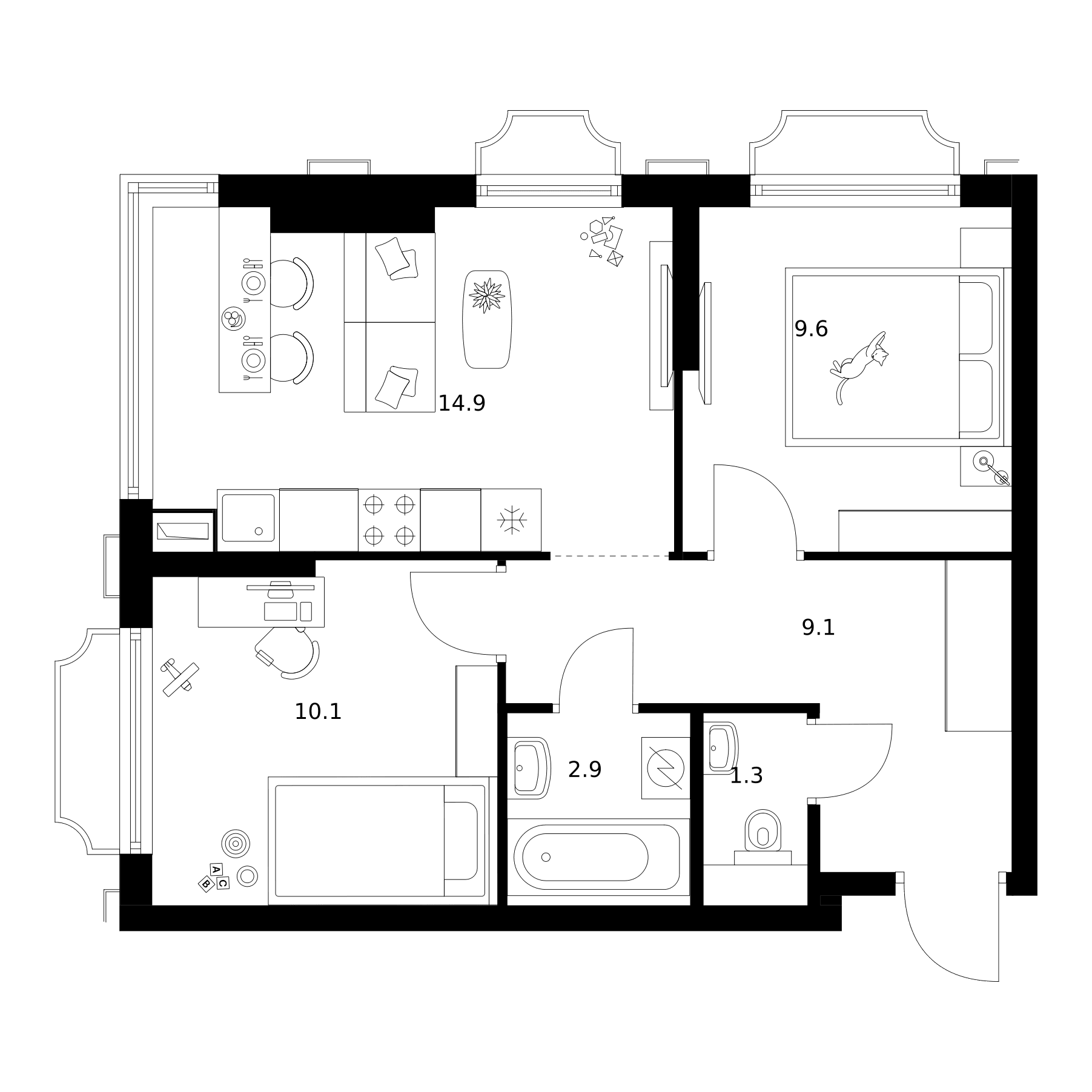 Планировка: 2-комнатная квартира 47,9 м² в ЖК «2-й Иртышский»