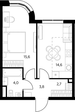 Планировка: 1-комнатная квартира 41,6 м² в ЖК «Адмирал»