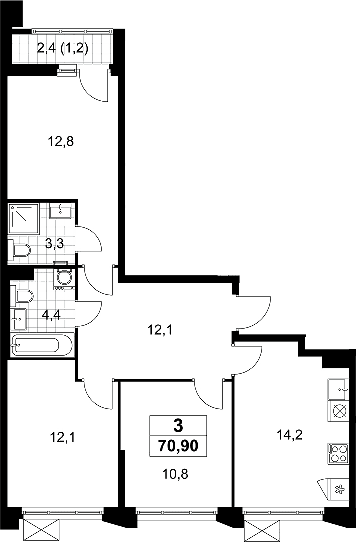 Планировка: Квартира евро-4 69,7 м² в ЖК «Деснаречье»