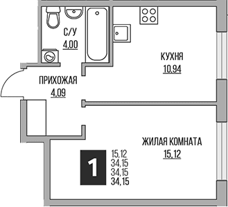 Планировка: 1-комнатная квартира 34,2 м² в ЖК «Гранель Притяжение Сити»