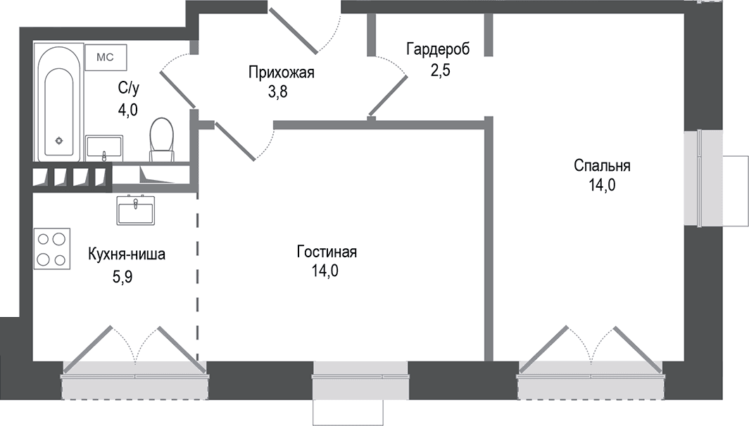 Планировка: Евродвушка 44,2 м² в ЖК «Киноквартал»