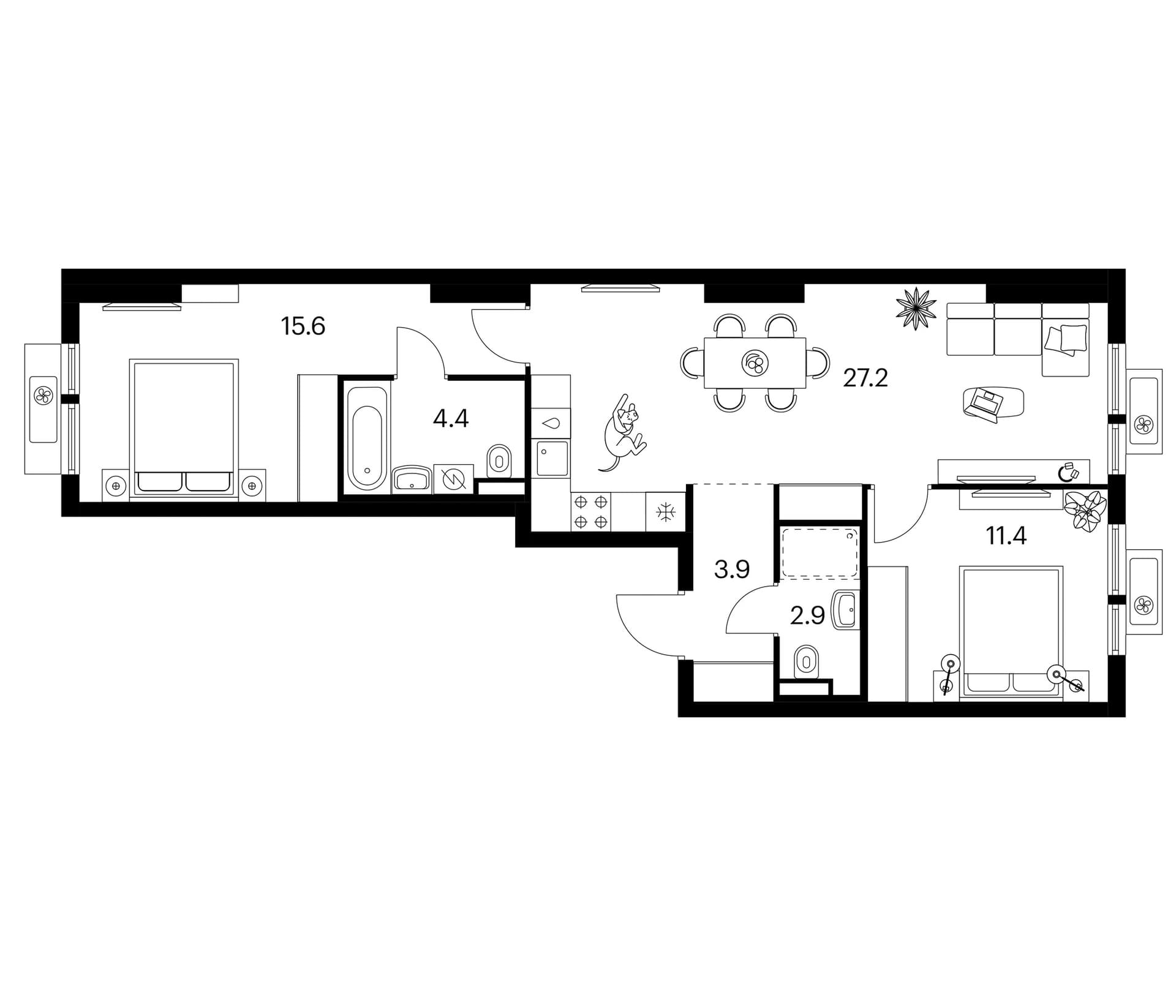 Планировка: 2-комнатная квартира 65,4 м² в ЖК «Белая Дача парк»