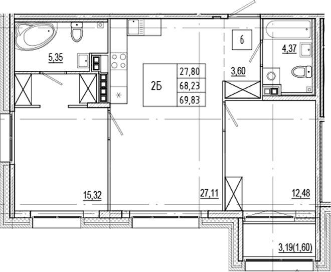 Планировка: Евротрёшка 68,2 м² в ЖК «Ranta Residence»
