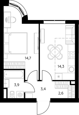 Планировка: 1-комнатная квартира 39,4 м² в ЖК «Адмирал»