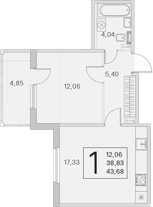 Планировка: Евродвушка 38,8 м² в ЖК «Любоград в Стрельне»