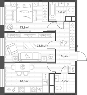 Планировка: 2-комнатная квартира 57,2 м² в ЖК «Аристов Берег»