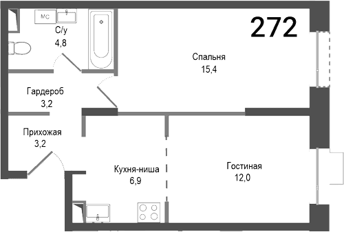 Планировка: Евродвушка 45,5 м² в ЖК «Киноквартал»