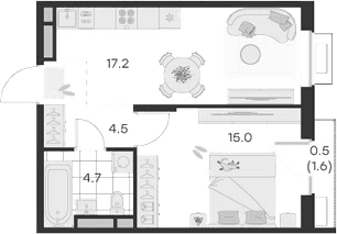Планировка: 1-комнатная квартира 41,4 м² в ЖК «Михалевич»