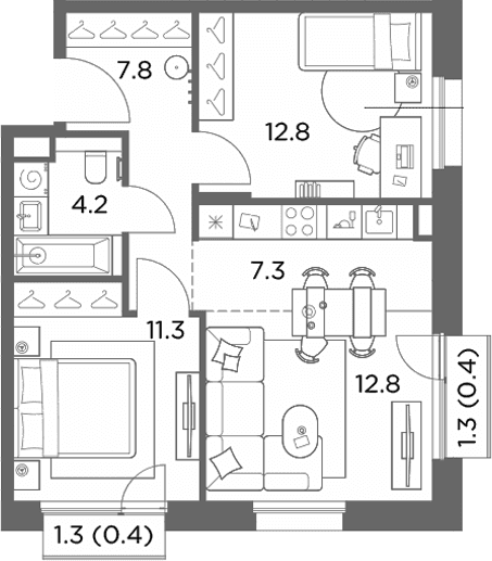 Планировка: Евротрёшка 56,2 м² в ЖК «Станиславский»