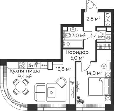 Планировка: Евродвушка 49,5 м² в ЖК «Веер»