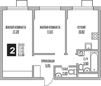 Планировка: 2-комнатная квартира 51,5 м² в ЖК «Гранель Мытищи»