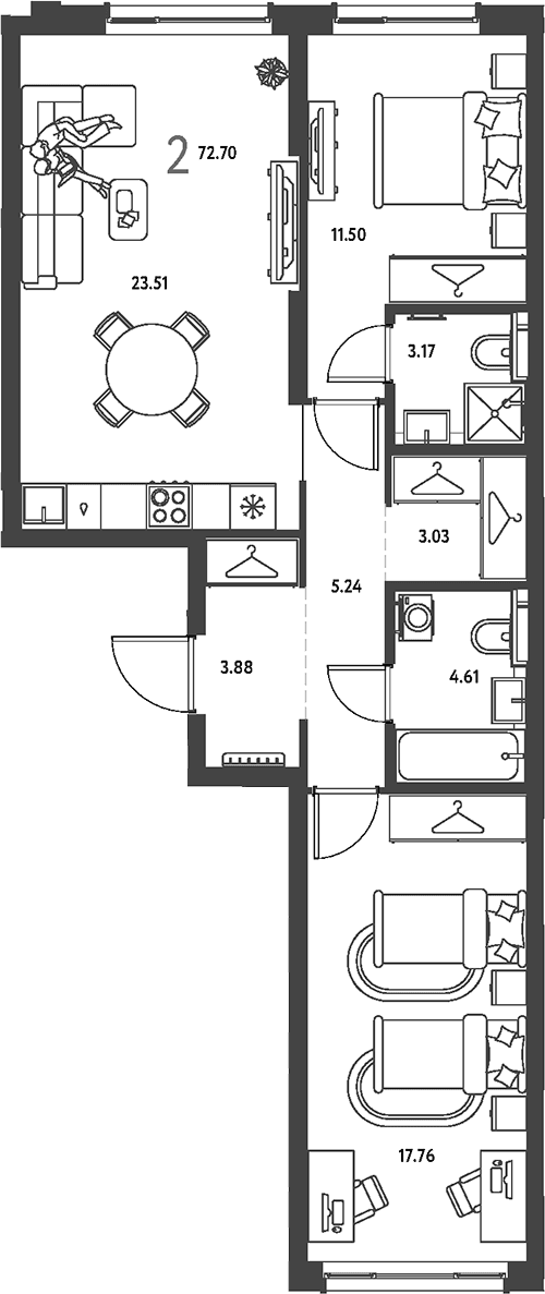 Планировка: 2-комнатная квартира 72,7 м² в ЖК «Страна.Парковая»