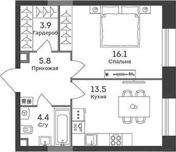 Планировка: 1-комнатная квартира 43,7 м² в ЖК «ЭРА»
