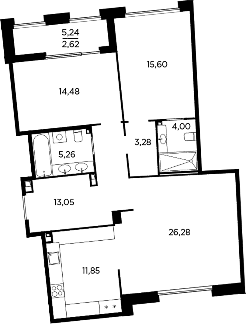 Планировка: 3-комнатная квартира 93,8 м² в ЖК «Акватория»