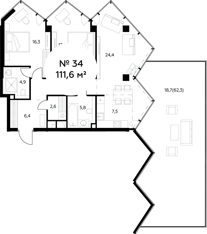 Планировка: Евротрёшка 92,9 м² в ЖК «Монблан»