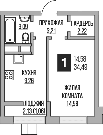 Планировка: 1-комнатная квартира 32,4 м² в ЖК «Гранель Пехра»
