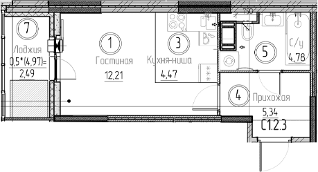 Планировка: Студия 26,8 м² в ЖК «Аквилон Верба»