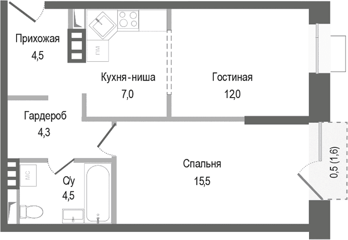 Планировка: Евродвушка 47,8 м² в ЖК «Киноквартал»