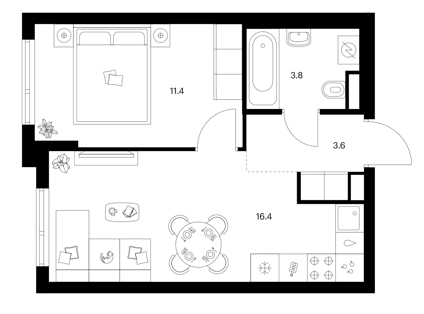 Планировка: 1-комнатная квартира 35,2 м² в ЖК «Зеленый парк»