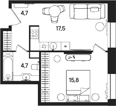 Планировка: Евродвушка 42,7 м² в ЖК «СТОУН Райз»