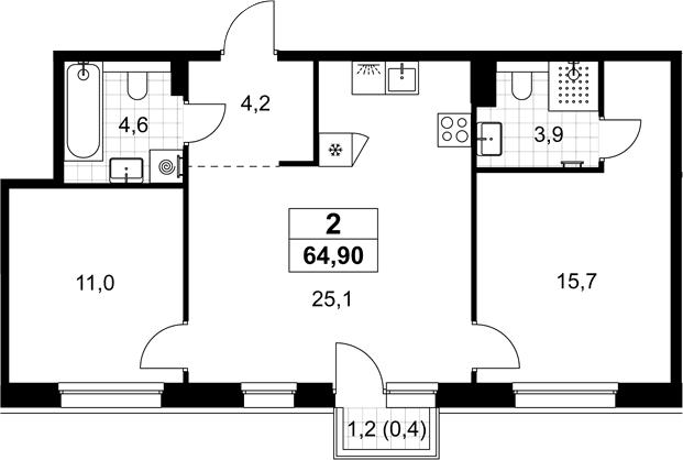 Планировка: Евротрёшка 64,5 м² в ЖК «Хольм»
