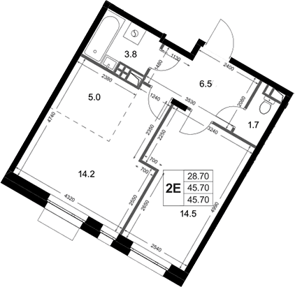 Планировка: Евродвушка 45,7 м² в ЖК «Кореневский Форт 2.3»