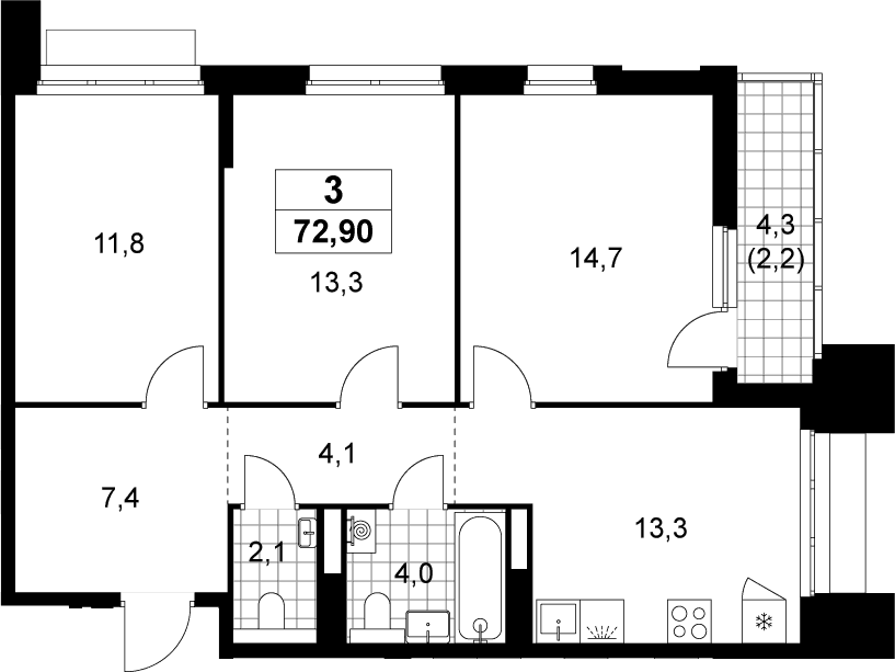 Планировка: 3-комнатная квартира 70,7 м² в ЖК «Деснаречье»