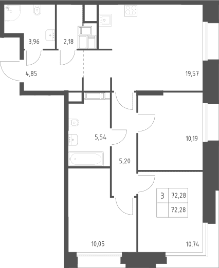 Планировка: 3-комнатная квартира 72,3 м² в ЖК «Тропарево Парк»