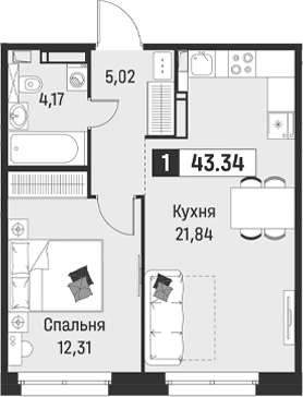 Планировка: Евродвушка 43,3 м² в ЖК «Символист»