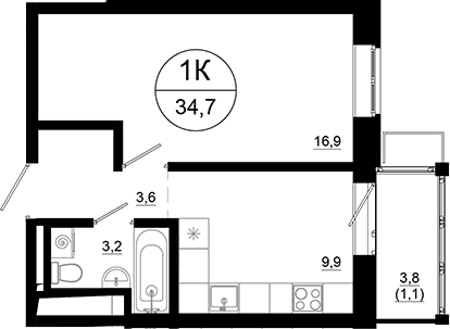 Планировка: 1-комнатная квартира 33,6 м² в ЖК «Союзный»