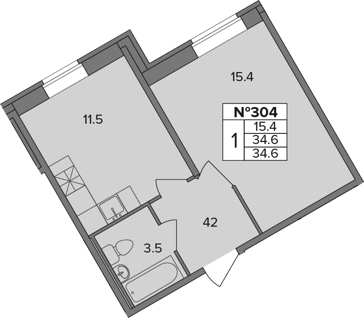 Планировка: 1-комнатная квартира 34,6 м² в ЖК «Капральский»