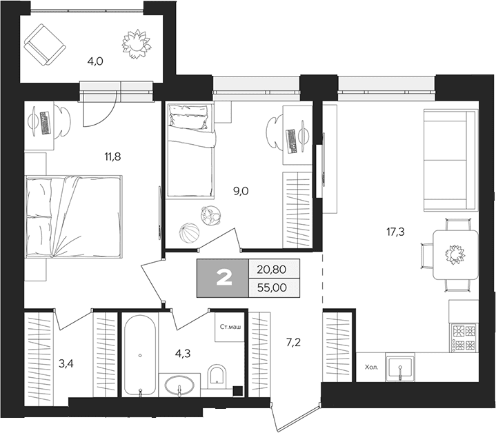Планировка: 2-комнатная квартира 53 м² в ЖК «Ласточкино»