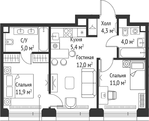 Планировка: Евротрёшка 53,6 м² в ЖК «СЕТ»