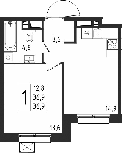 Планировка: 1-комнатная квартира 36,9 м² в ЖК «Берег»
