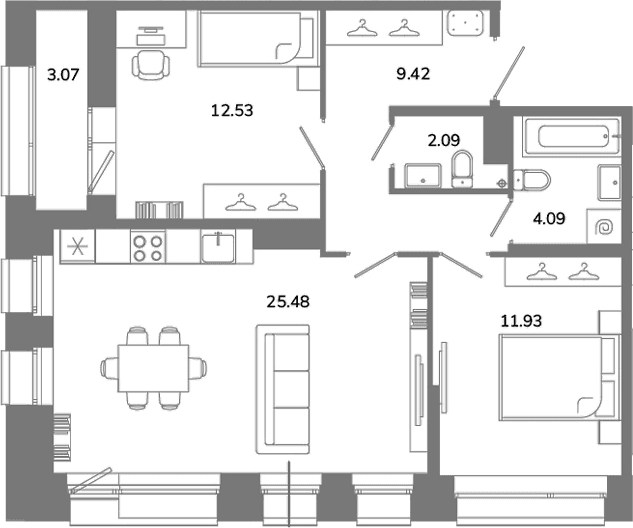 Планировка: Евротрёшка 65,5 м² в ЖК «Твой Космос»