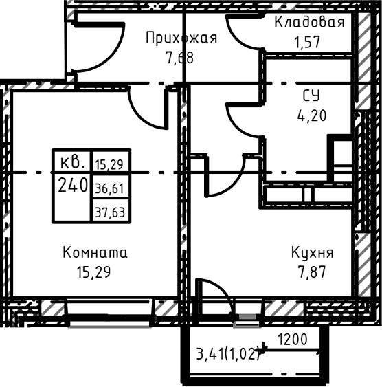 Планировка: 1-комнатная квартира 39,8 м² в ЖК «Высокий Берег»