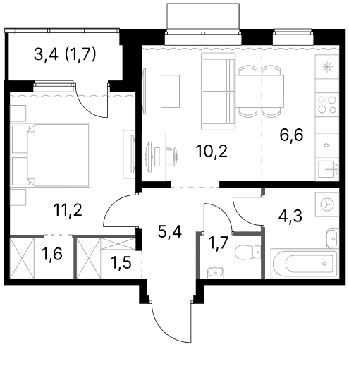 Планировка: Евродвушка 42,5 м² в ЖК «1-й Ясеневский»