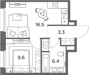 Планировка: 1-комнатная квартира 35,8 м² в ЖК «Станиславский»