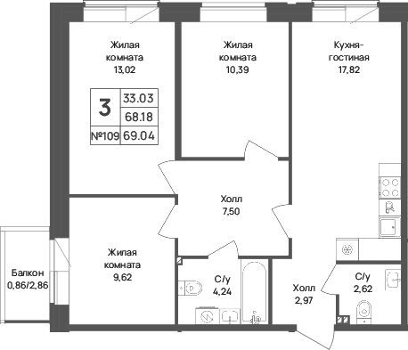 Планировка: Квартира евро-4 68,2 м² в ЖК «Капральский берег»