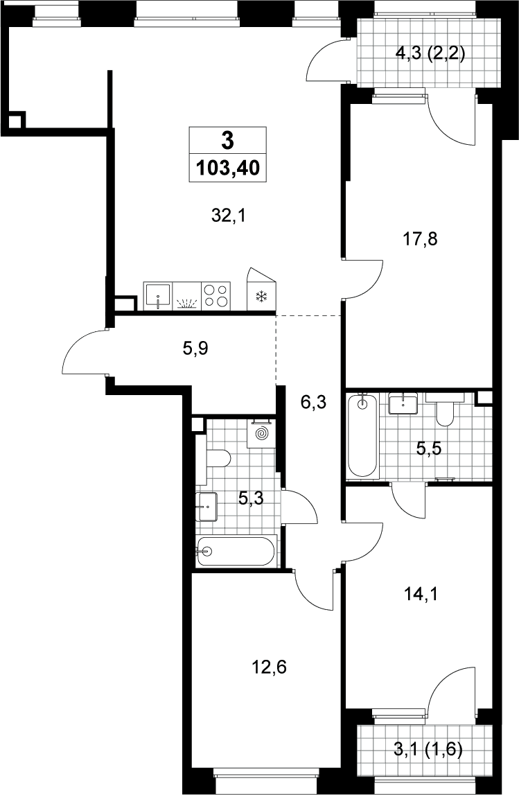 Планировка: Квартира евро-4 99,6 м² в ЖК «Хольм»
