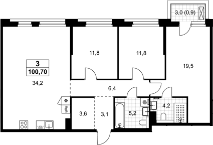 Планировка: Квартира евро-4 99,8 м² в ЖК «Хольм»