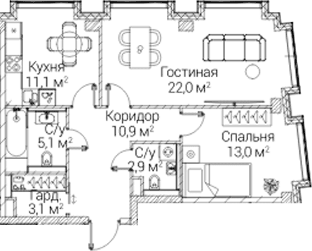 Планировка: 2-комнатная квартира 68,1 м² в ЖК «СЕЗАР БУДУЩЕЕ»