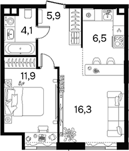 Планировка: Евродвушка 44,5 м² в ЖК «Вавилова 64»