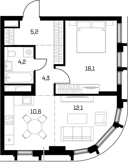 Планировка: Евродвушка 52,5 м² в ЖК «Дом 56»